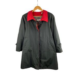 Kristen Blake Womens Black Trench Coat With Red Collar & Plaid Lining XS